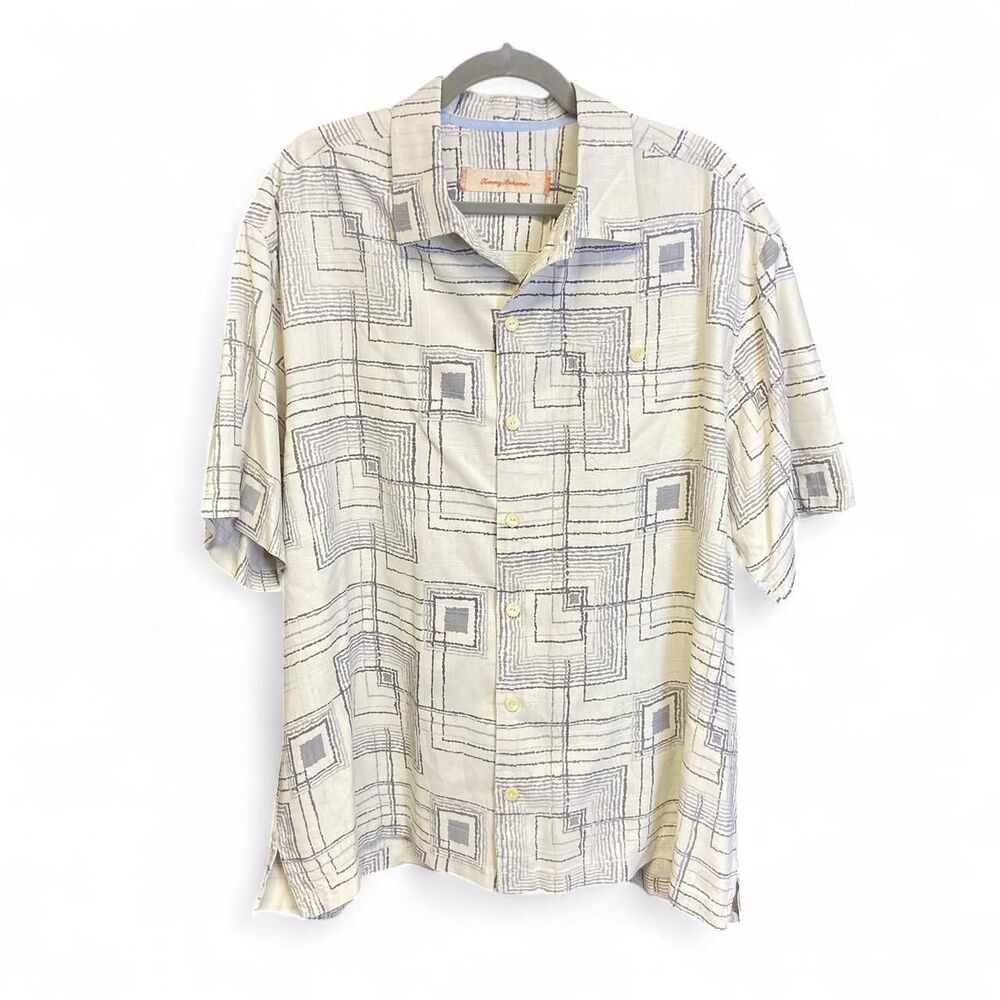 Tommy Bahama cream and grey geometric silk short sleeve button up shirt size XL